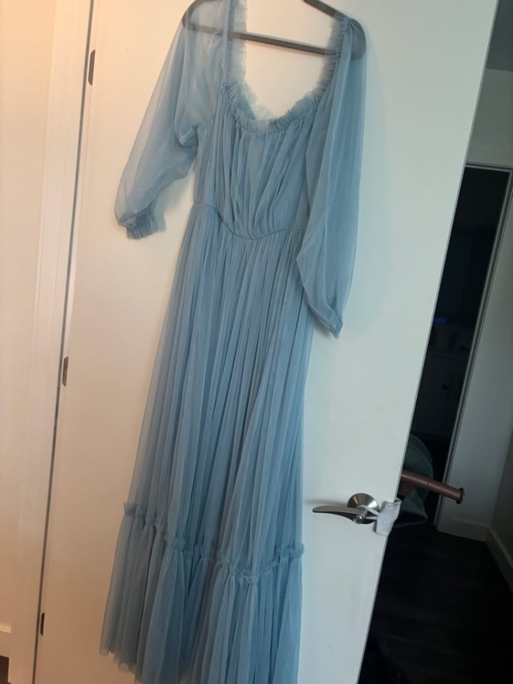 Lace & Beads Powder Blue Long Sleeve Tulle Maxi Dress - Size 16